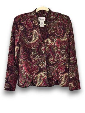 Vintage K Petite Paisley Blazer Jacket Size 8P Pink Gold Metallic Shimmer
